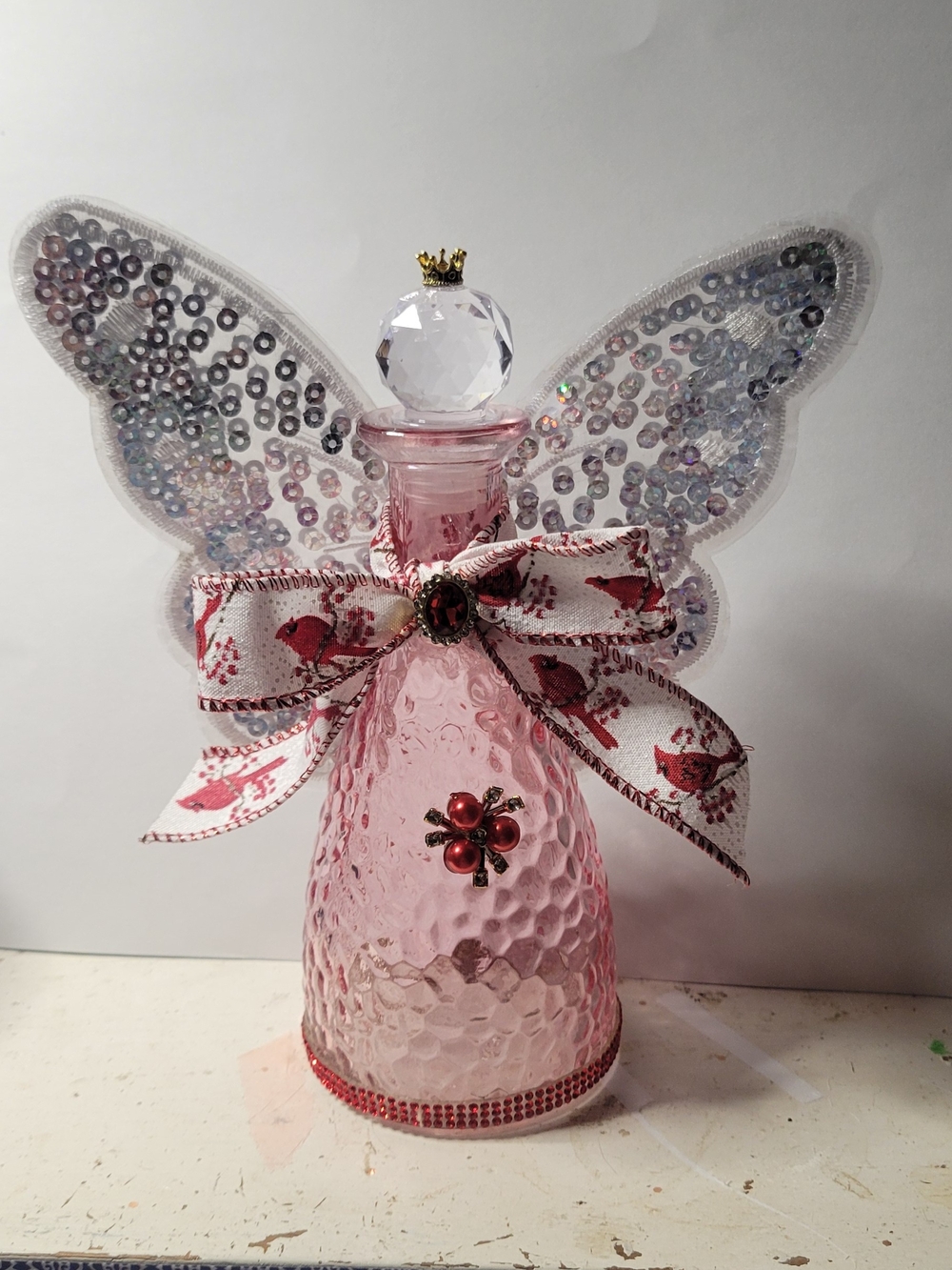 Pink Glass Angel Bottle Accent with Crystal Stopper